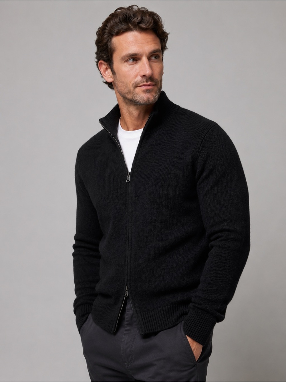GAP 100% Lambswool Black Full Zip Mock Neck Sweater Men’s Lg 42” Chest Classic